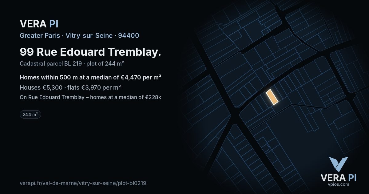 99 Rue Edouard Tremblay, Vitry-sur-Seine at night – the plot lit, the parcels around coloured by the prices near them