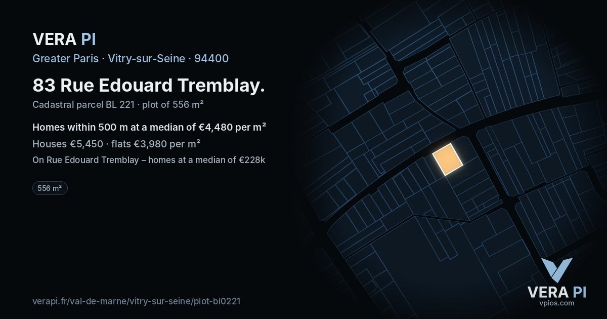 83 Rue Edouard Tremblay, Vitry-sur-Seine at night – the plot lit, the parcels around coloured by the prices near them