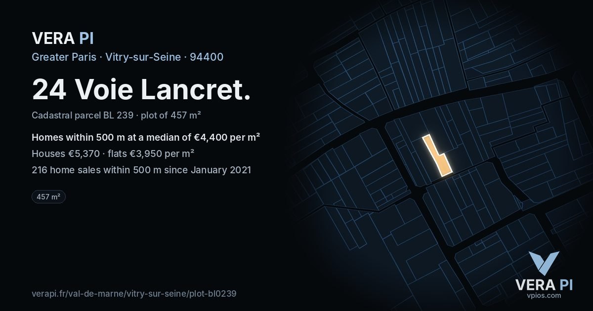 24 Voie Lancret, Vitry-sur-Seine at night – the plot lit, the parcels around coloured by the prices near them