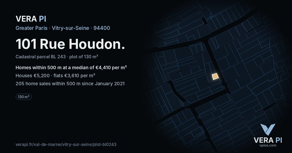 101 Rue Houdon, Vitry-sur-Seine at night – the plot lit, the parcels around coloured by the prices near them