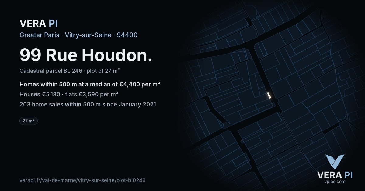 99 Rue Houdon, Vitry-sur-Seine at night – the plot lit, the parcels around coloured by the prices near them