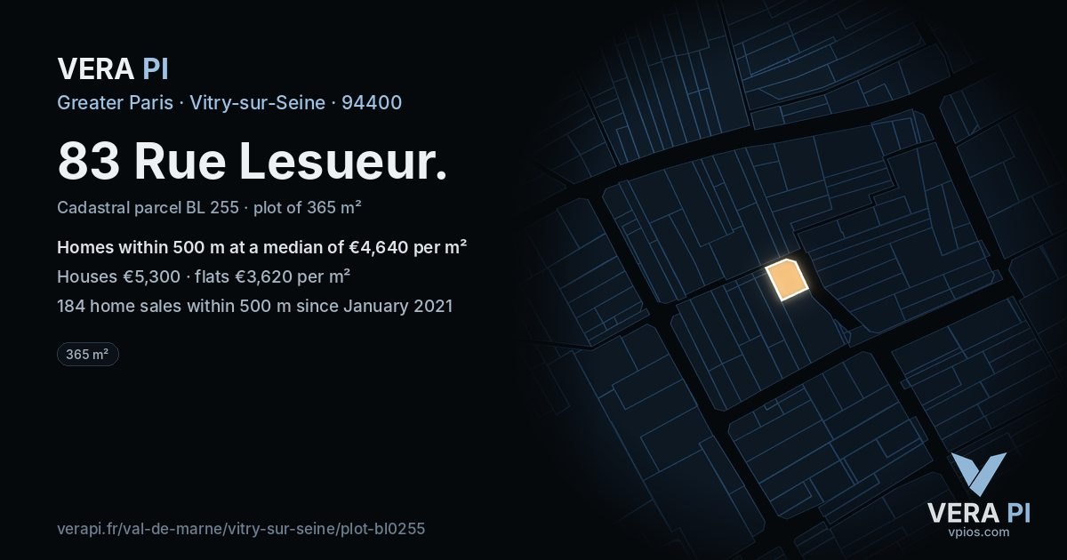 83 Rue Lesueur, Vitry-sur-Seine at night – the plot lit, the parcels around coloured by the prices near them