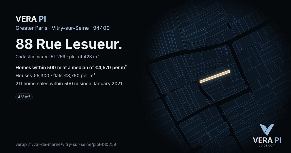 88 Rue Lesueur, Vitry-sur-Seine at night – the plot lit, the parcels around coloured by the prices near them