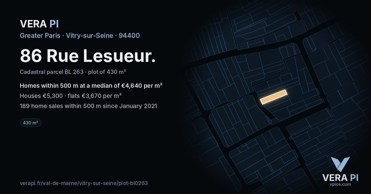 86 Rue Lesueur, Vitry-sur-Seine at night – the plot lit, the parcels around coloured by the prices near them
