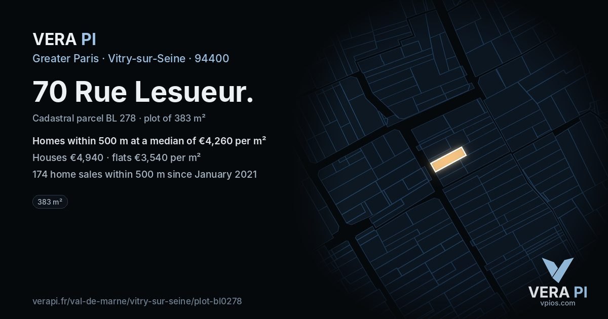 70 Rue Lesueur, Vitry-sur-Seine at night – the plot lit, the parcels around coloured by the prices near them