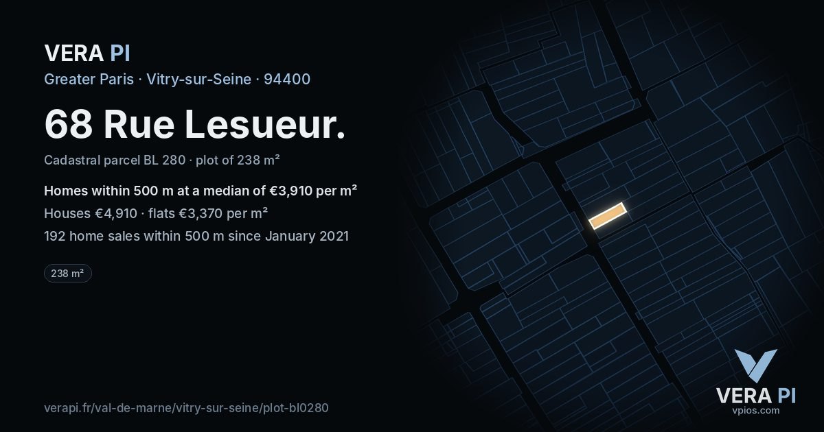 68 Rue Lesueur, Vitry-sur-Seine at night – the plot lit, the parcels around coloured by the prices near them