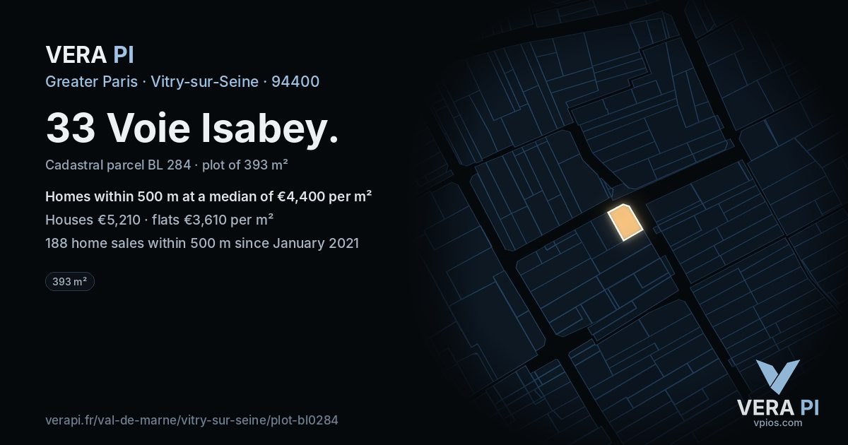 33 Voie Isabey, Vitry-sur-Seine at night – the plot lit, the parcels around coloured by the prices near them