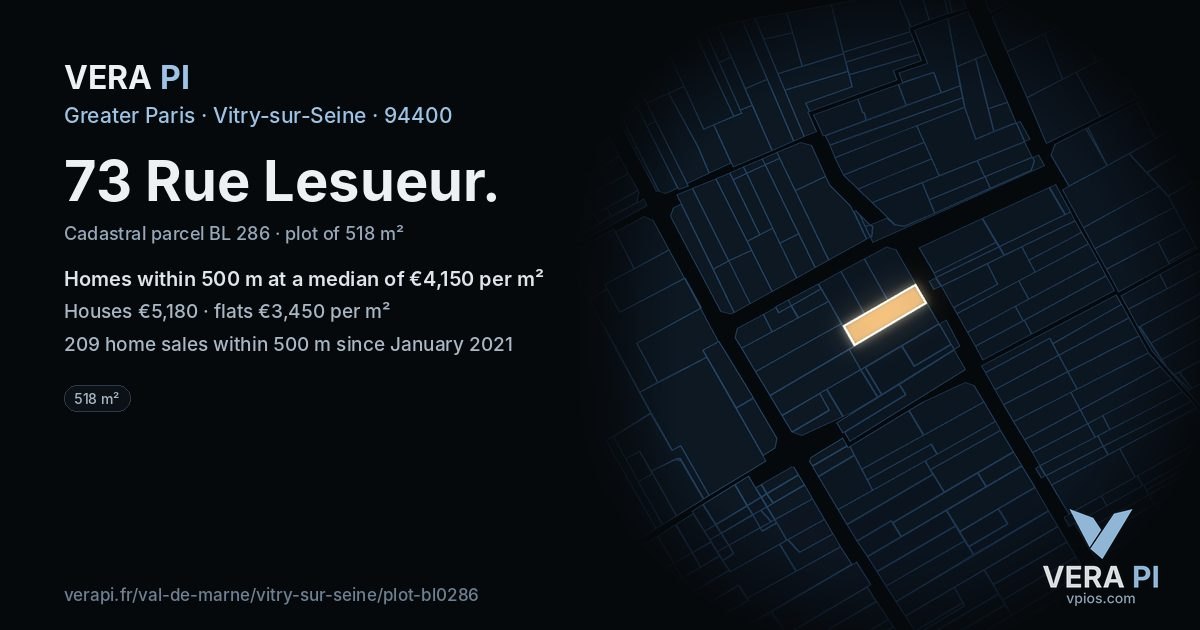 73 Rue Lesueur, Vitry-sur-Seine at night – the plot lit, the parcels around coloured by the prices near them