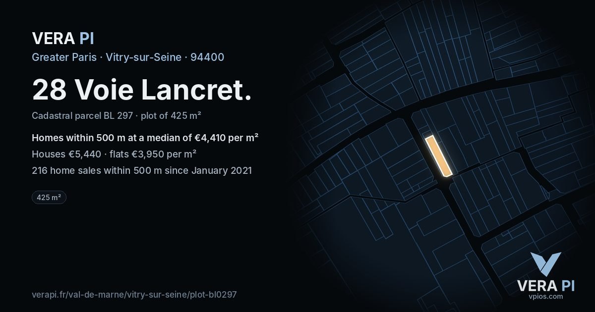 28 Voie Lancret, Vitry-sur-Seine at night – the plot lit, the parcels around coloured by the prices near them