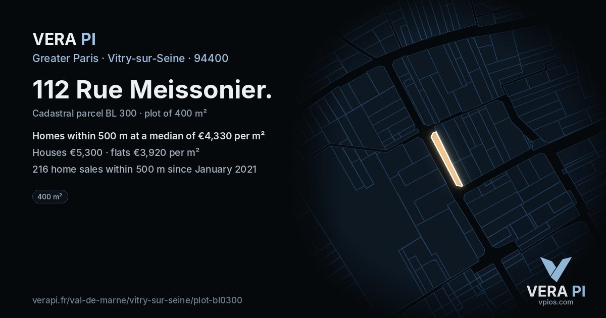 112 Rue Meissonier, Vitry-sur-Seine at night – the plot lit, the parcels around coloured by the prices near them