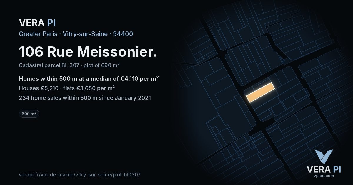 106 Rue Meissonier, Vitry-sur-Seine at night – the plot lit, the parcels around coloured by the prices near them