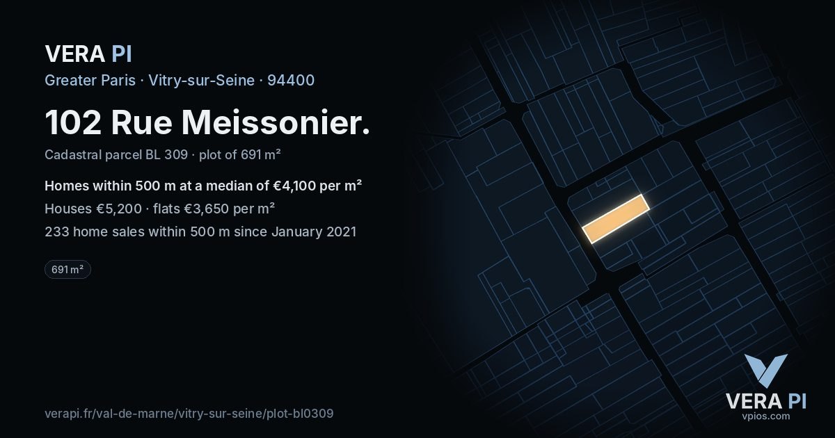 102 Rue Meissonier, Vitry-sur-Seine at night – the plot lit, the parcels around coloured by the prices near them