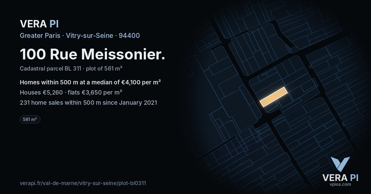100 Rue Meissonier, Vitry-sur-Seine at night – the plot lit, the parcels around coloured by the prices near them