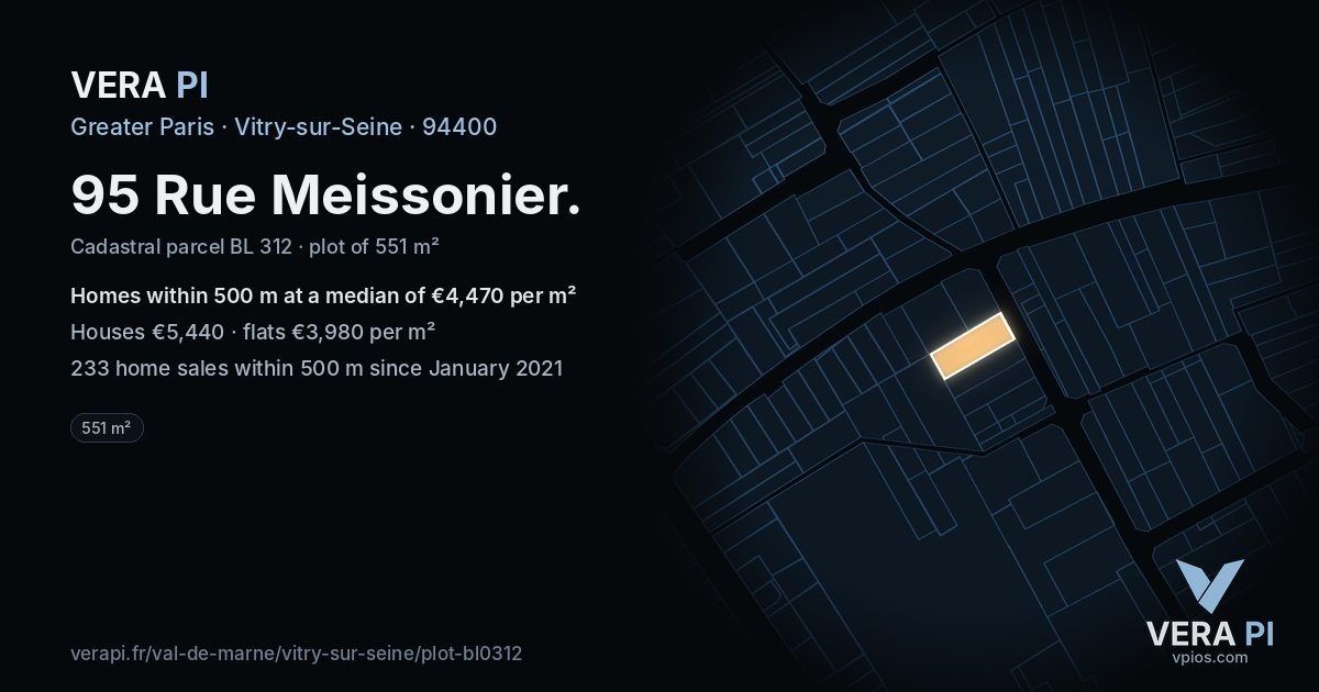 95 Rue Meissonier, Vitry-sur-Seine at night – the plot lit, the parcels around coloured by the prices near them