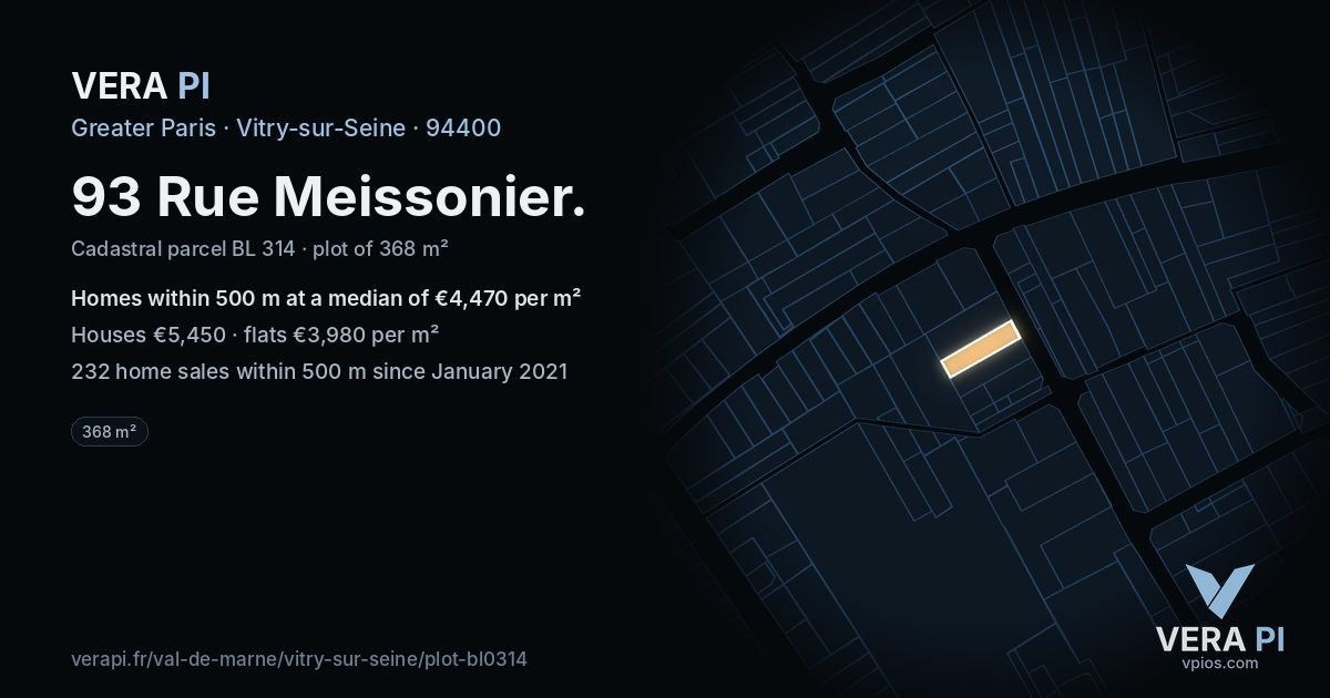 93 Rue Meissonier, Vitry-sur-Seine at night – the plot lit, the parcels around coloured by the prices near them