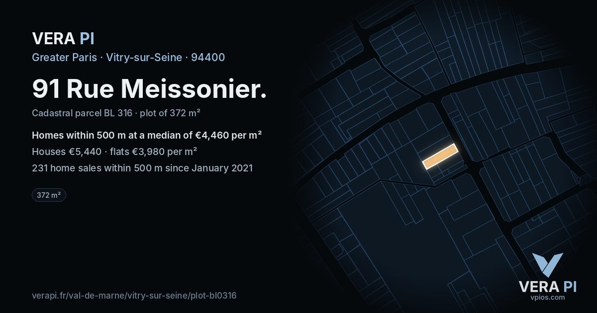 91 Rue Meissonier, Vitry-sur-Seine at night – the plot lit, the parcels around coloured by the prices near them