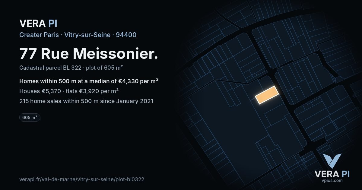 77 Rue Meissonier, Vitry-sur-Seine at night – the plot lit, the parcels around coloured by the prices near them