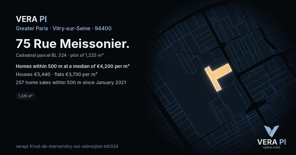 75 Rue Meissonier, Vitry-sur-Seine at night – the plot lit, the parcels around coloured by the prices near them