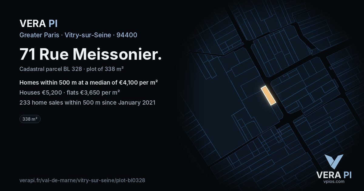 71 Rue Meissonier, Vitry-sur-Seine at night – the plot lit, the parcels around coloured by the prices near them