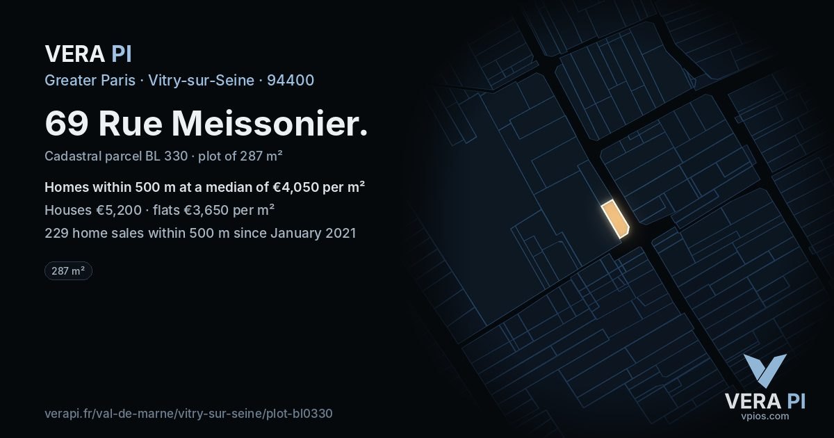 69 Rue Meissonier, Vitry-sur-Seine at night – the plot lit, the parcels around coloured by the prices near them