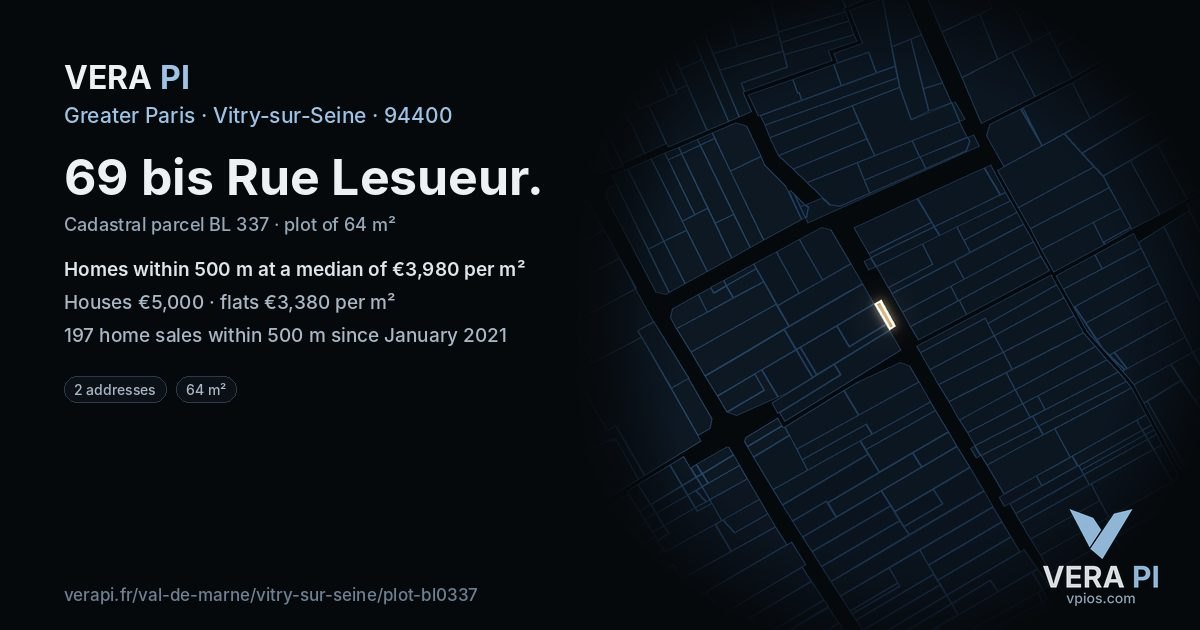 69 bis Rue Lesueur, Vitry-sur-Seine at night – the plot lit, the parcels around coloured by the prices near them