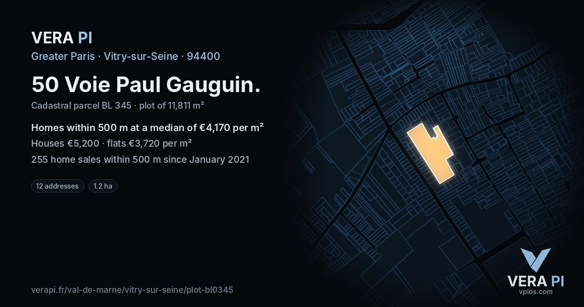 50 Voie Paul Gauguin, Vitry-sur-Seine at night – the plot lit, the parcels around coloured by the prices near them