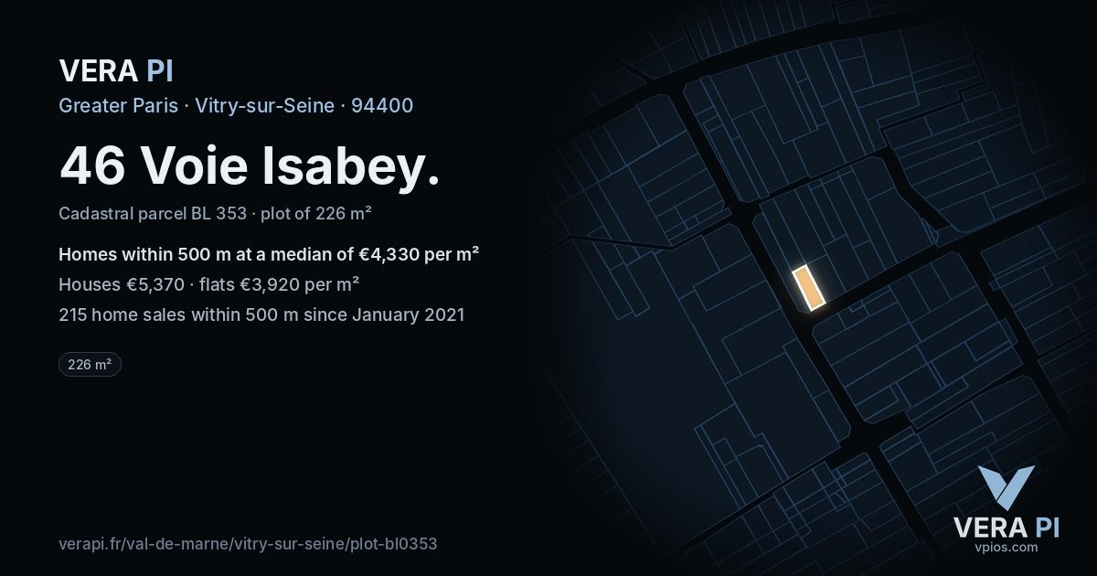 46 Voie Isabey, Vitry-sur-Seine at night – the plot lit, the parcels around coloured by the prices near them