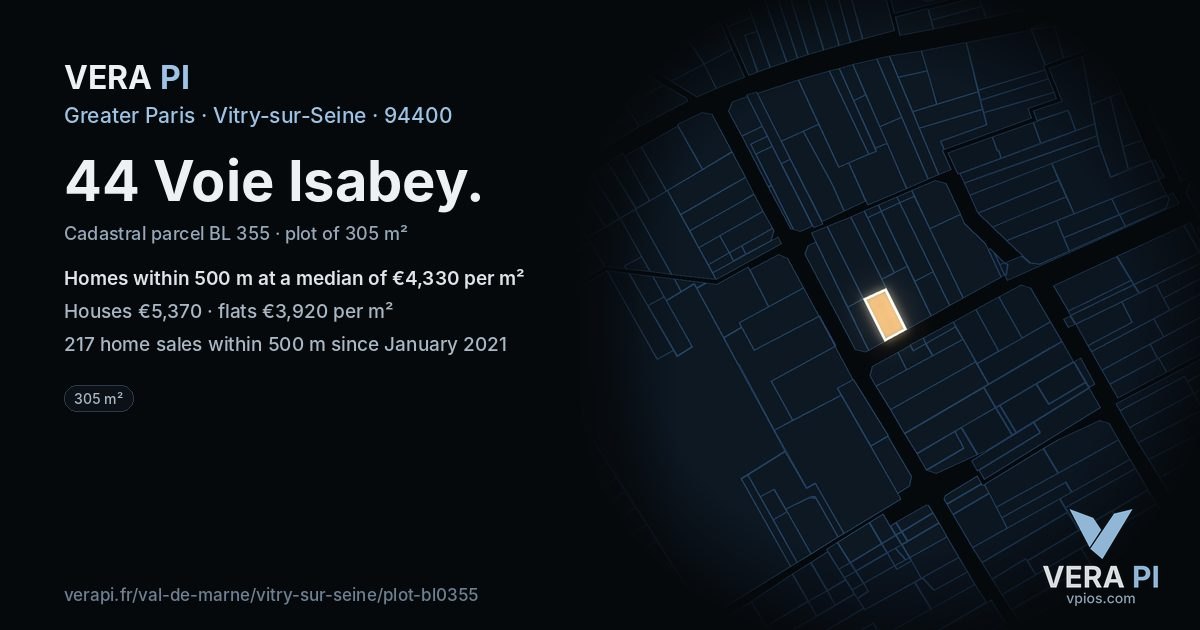 44 Voie Isabey, Vitry-sur-Seine at night – the plot lit, the parcels around coloured by the prices near them