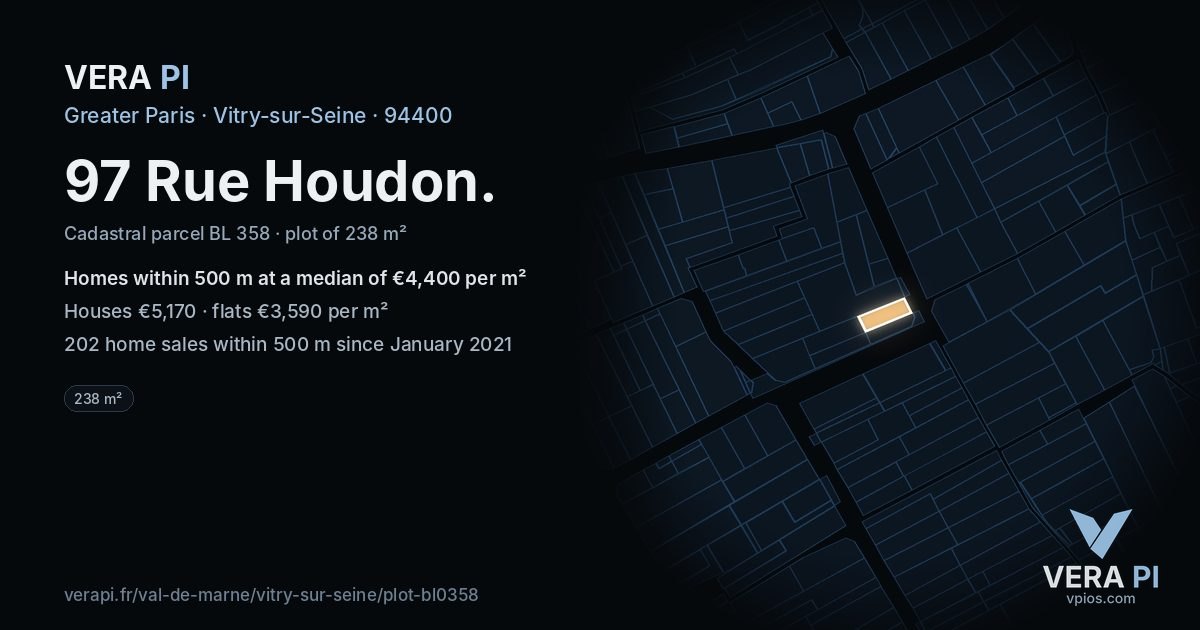 97 Rue Houdon, Vitry-sur-Seine at night – the plot lit, the parcels around coloured by the prices near them