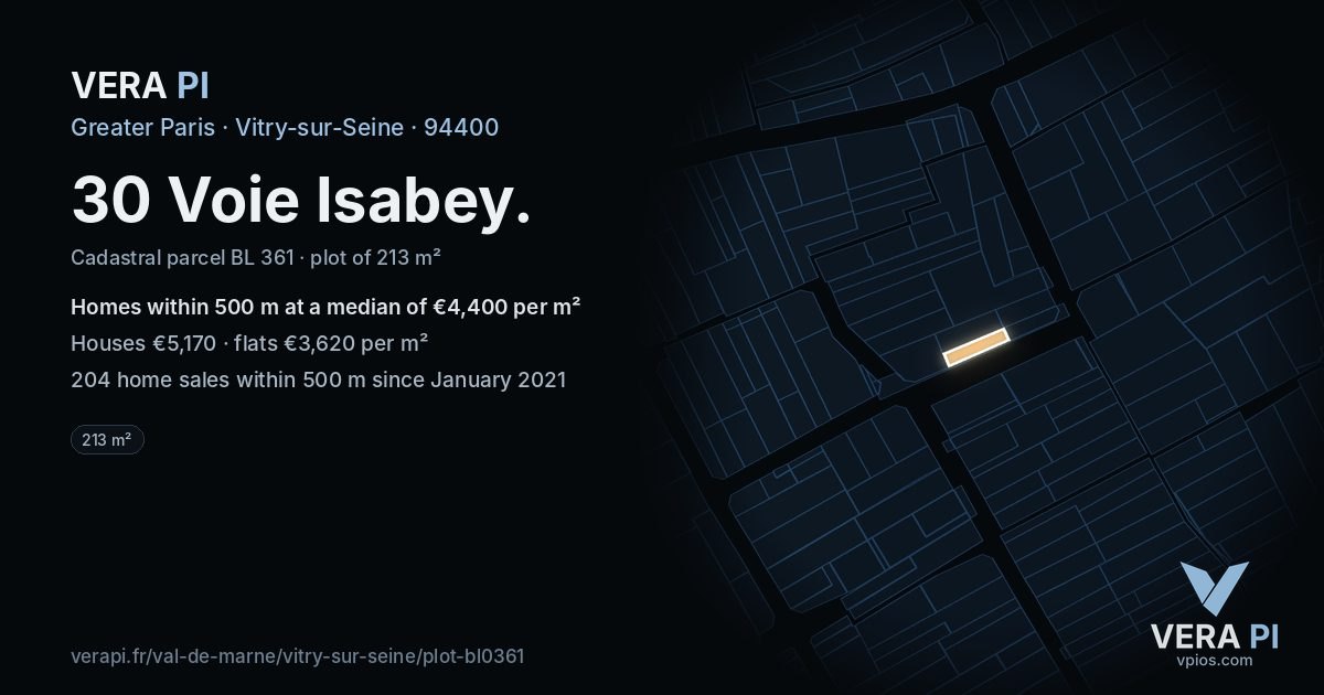 30 Voie Isabey, Vitry-sur-Seine at night – the plot lit, the parcels around coloured by the prices near them