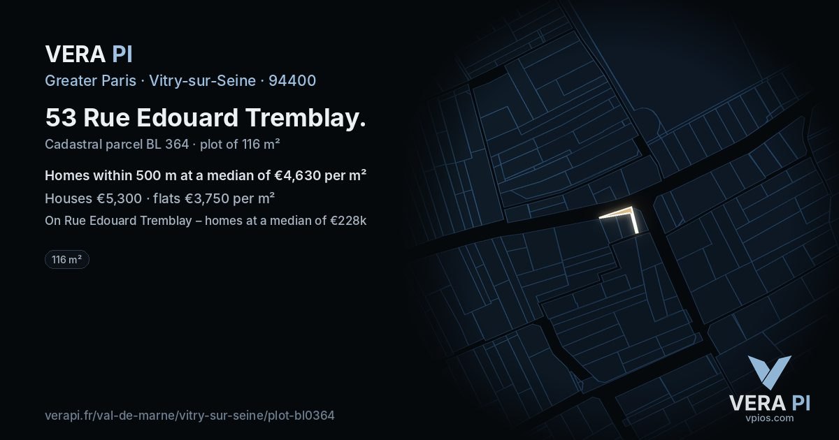53 Rue Edouard Tremblay, Vitry-sur-Seine at night – the plot lit, the parcels around coloured by the prices near them
