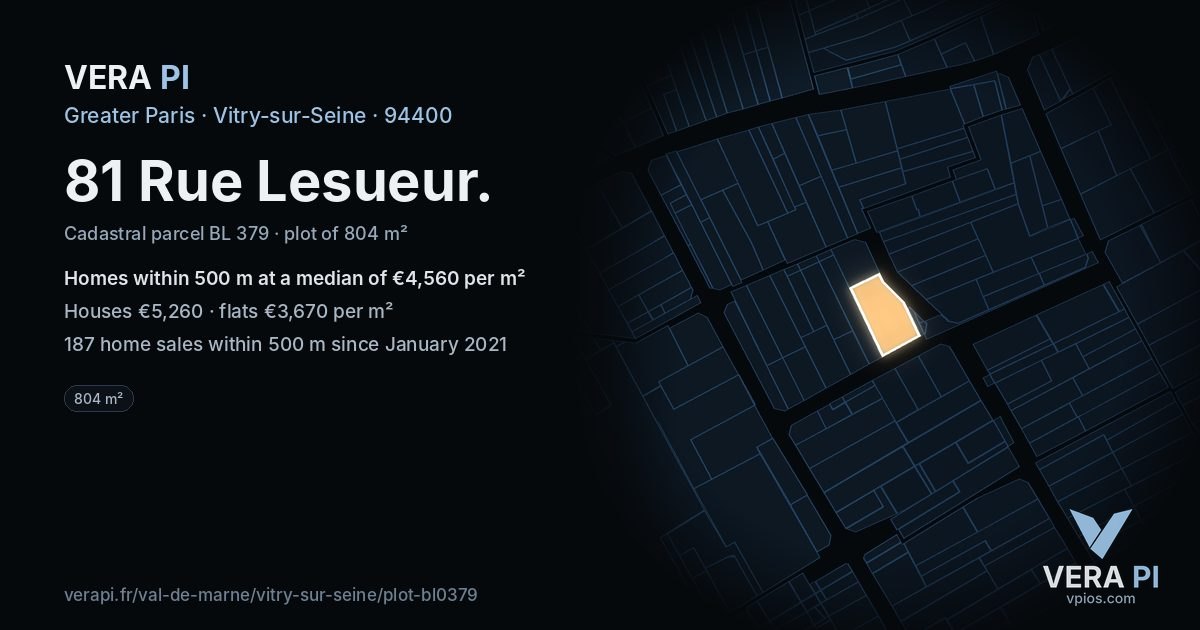 81 Rue Lesueur, Vitry-sur-Seine at night – the plot lit, the parcels around coloured by the prices near them