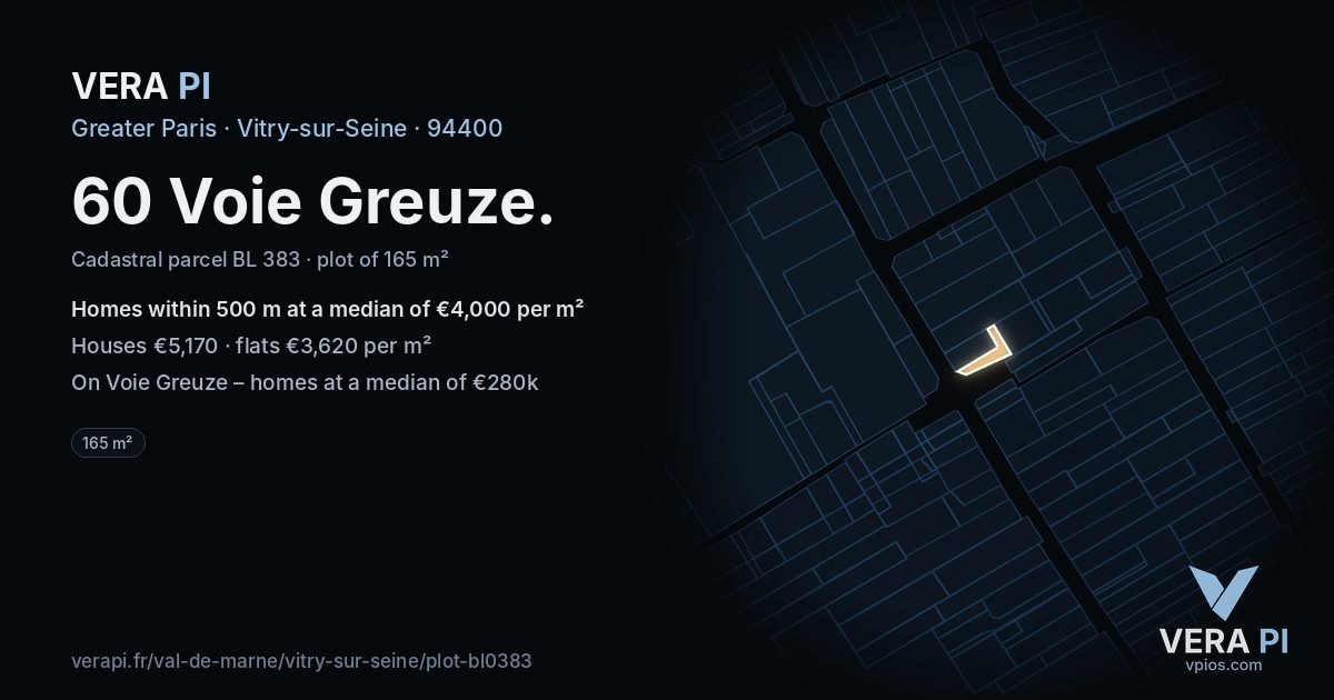 60 Voie Greuze, Vitry-sur-Seine at night – the plot lit, the parcels around coloured by the prices near them