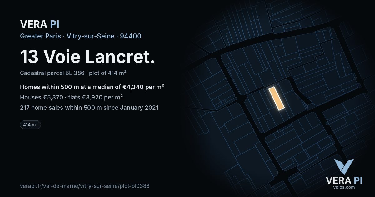 13 Voie Lancret, Vitry-sur-Seine at night – the plot lit, the parcels around coloured by the prices near them