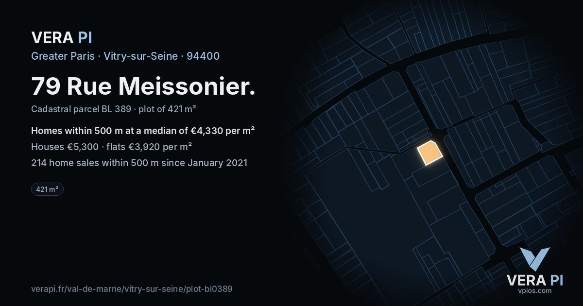 79 Rue Meissonier, Vitry-sur-Seine at night – the plot lit, the parcels around coloured by the prices near them