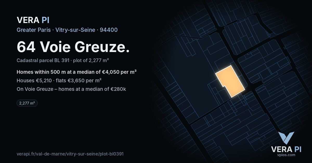 64 Voie Greuze, Vitry-sur-Seine at night – the plot lit, the parcels around coloured by the prices near them