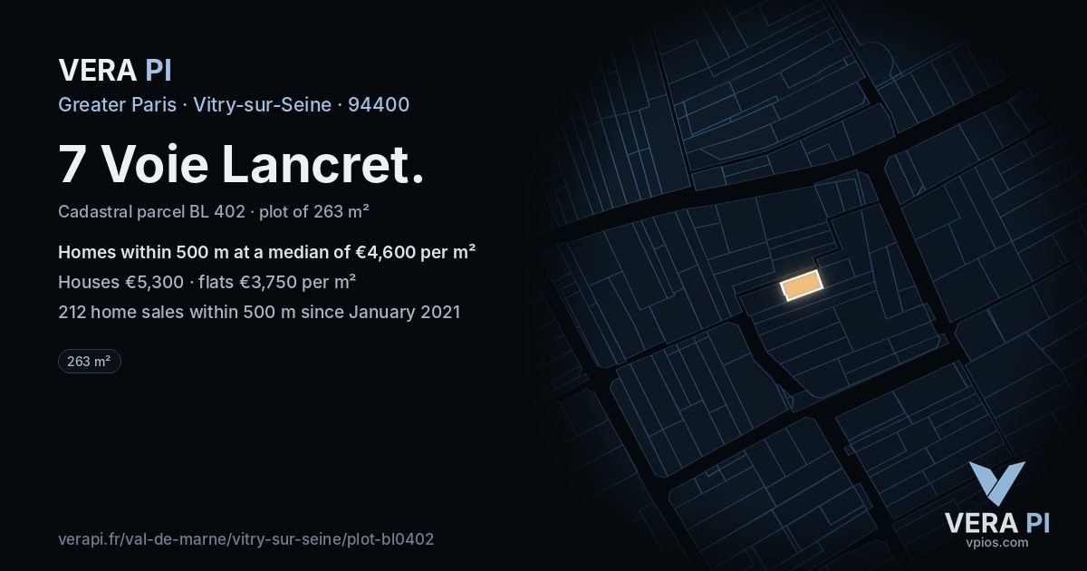7 Voie Lancret, Vitry-sur-Seine at night – the plot lit, the parcels around coloured by the prices near them