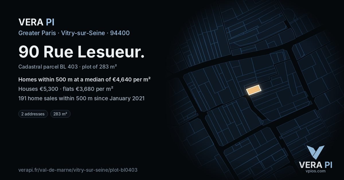 90 Rue Lesueur, Vitry-sur-Seine at night – the plot lit, the parcels around coloured by the prices near them