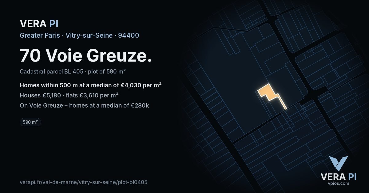 70 Voie Greuze, Vitry-sur-Seine at night – the plot lit, the parcels around coloured by the prices near them