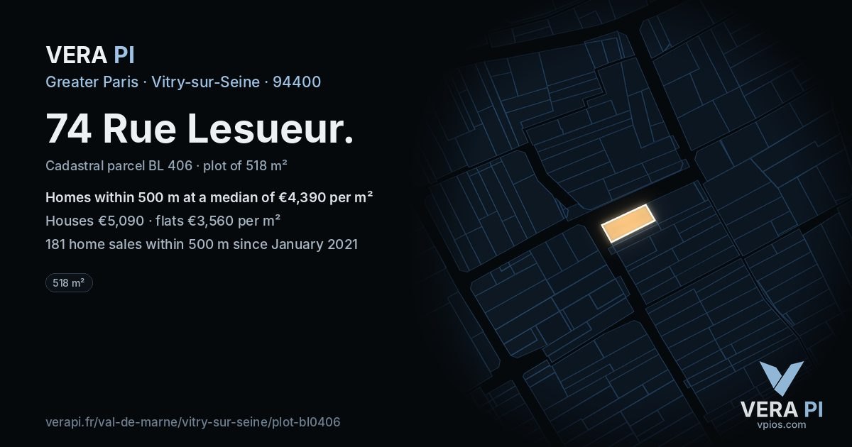 74 Rue Lesueur, Vitry-sur-Seine at night – the plot lit, the parcels around coloured by the prices near them