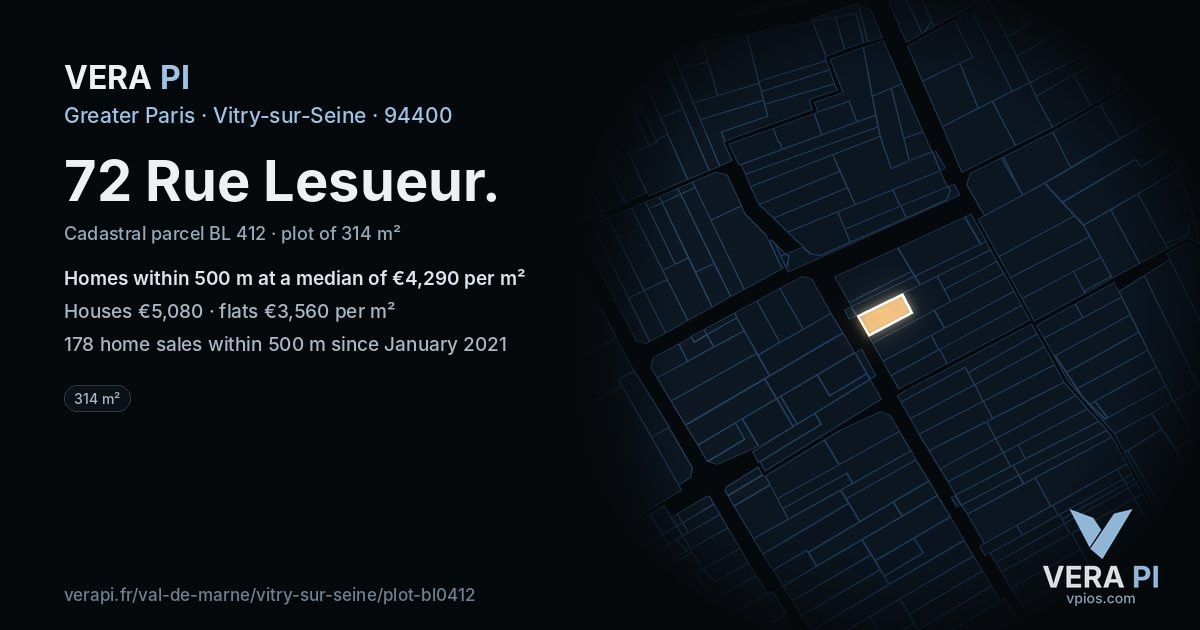 72 Rue Lesueur, Vitry-sur-Seine at night – the plot lit, the parcels around coloured by the prices near them