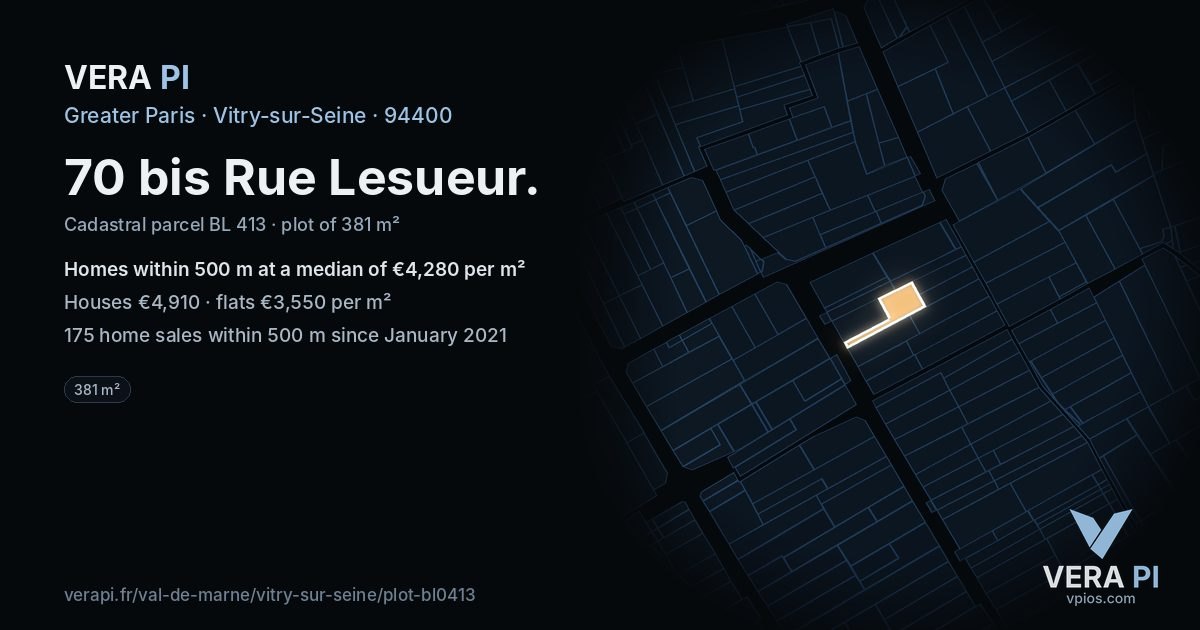 70 bis Rue Lesueur, Vitry-sur-Seine at night – the plot lit, the parcels around coloured by the prices near them