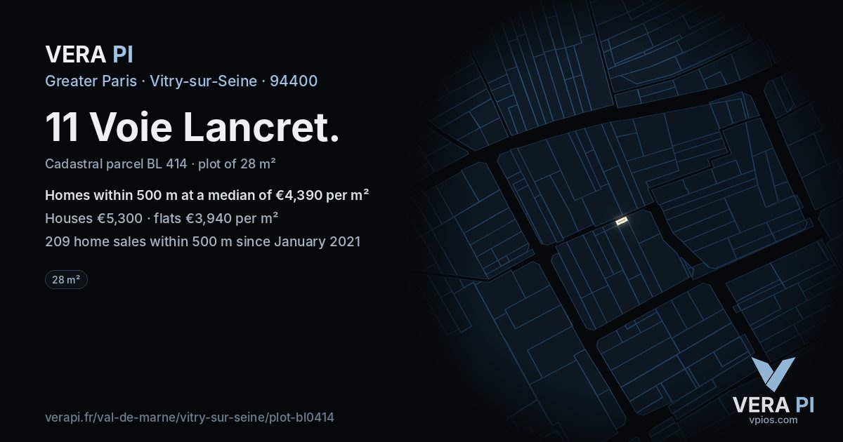 11 Voie Lancret, Vitry-sur-Seine at night – the plot lit, the parcels around coloured by the prices near them