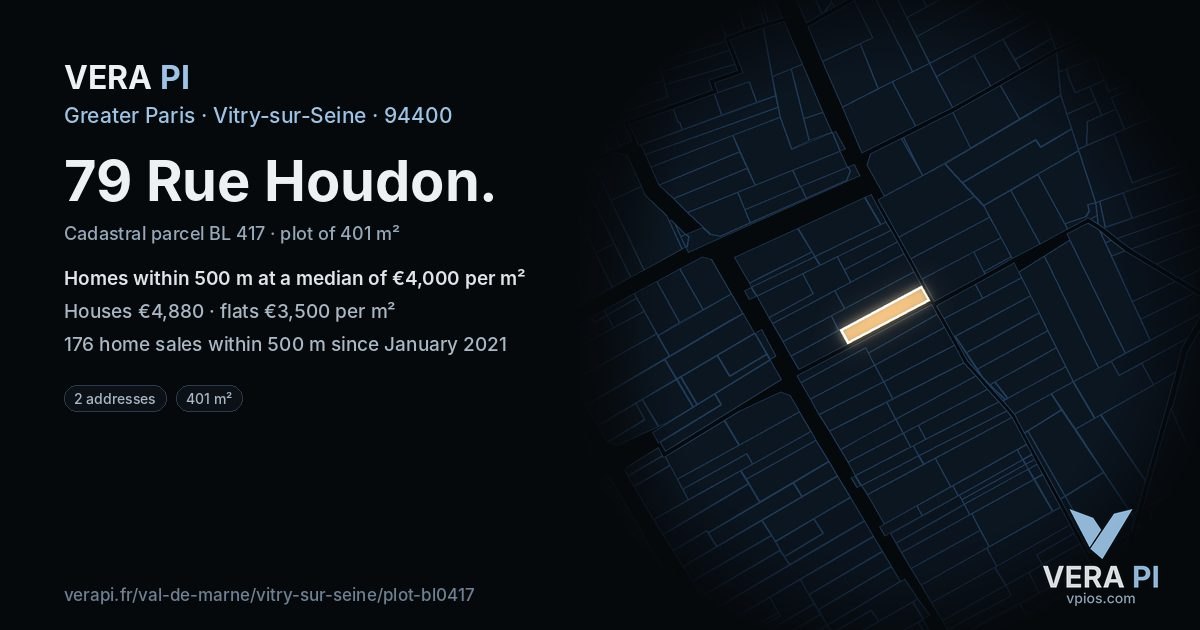 79 Rue Houdon, Vitry-sur-Seine at night – the plot lit, the parcels around coloured by the prices near them