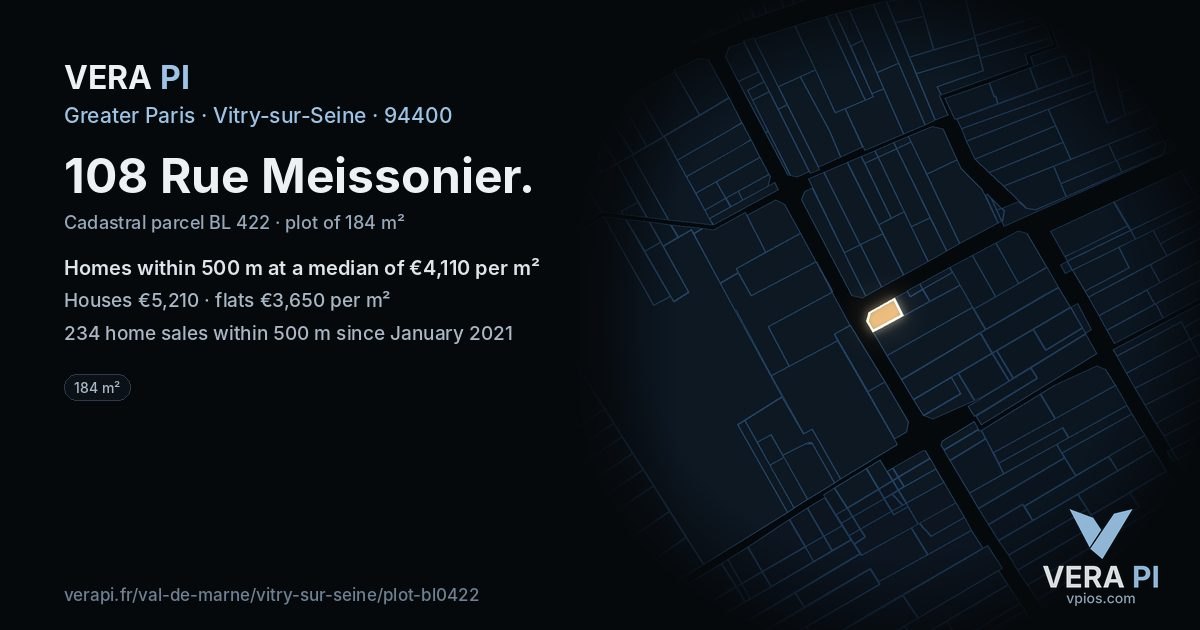108 Rue Meissonier, Vitry-sur-Seine at night – the plot lit, the parcels around coloured by the prices near them
