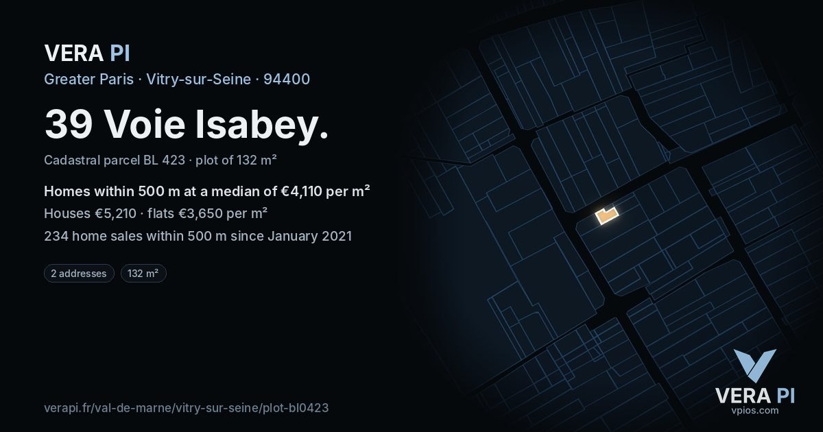 39 Voie Isabey, Vitry-sur-Seine at night – the plot lit, the parcels around coloured by the prices near them
