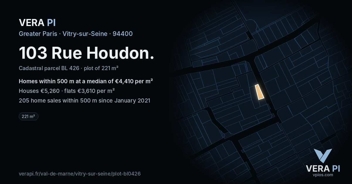 103 Rue Houdon, Vitry-sur-Seine at night – the plot lit, the parcels around coloured by the prices near them