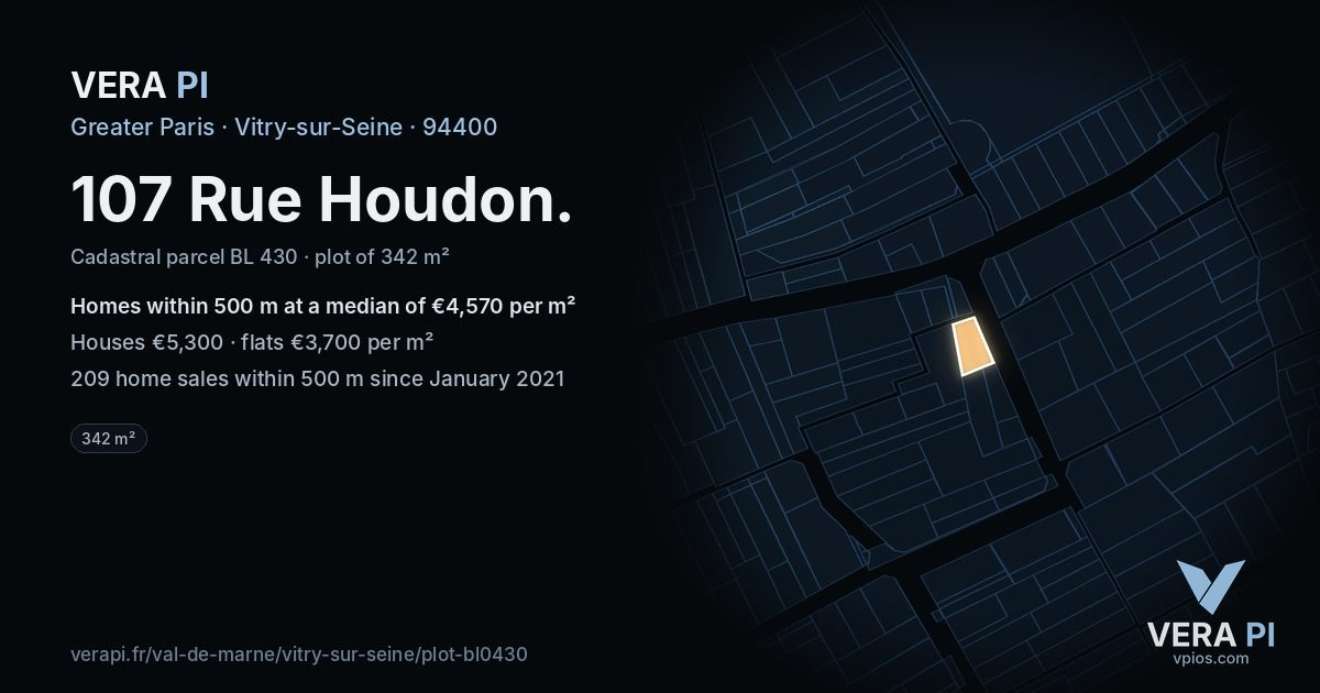 107 Rue Houdon, Vitry-sur-Seine at night – the plot lit, the parcels around coloured by the prices near them