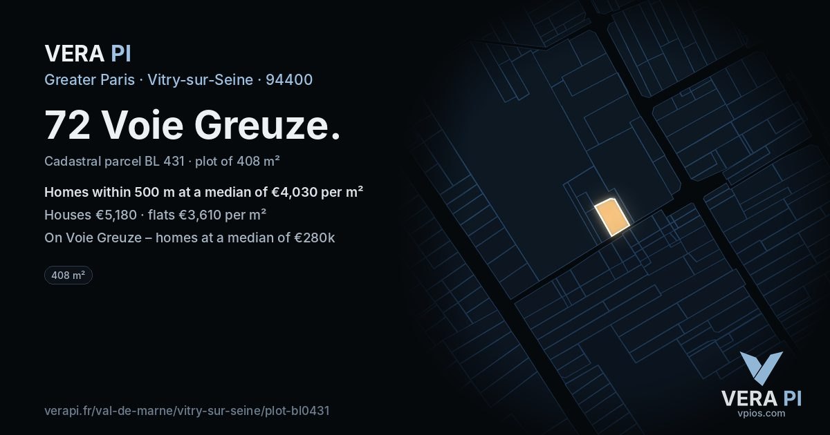 72 Voie Greuze, Vitry-sur-Seine at night – the plot lit, the parcels around coloured by the prices near them