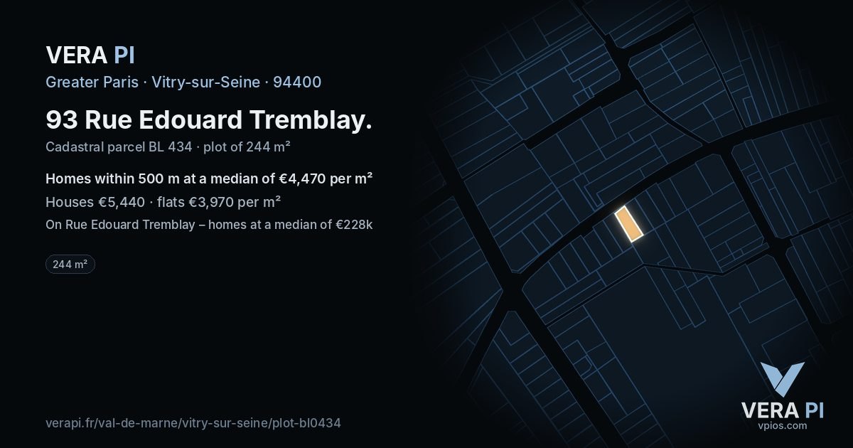 93 Rue Edouard Tremblay, Vitry-sur-Seine at night – the plot lit, the parcels around coloured by the prices near them